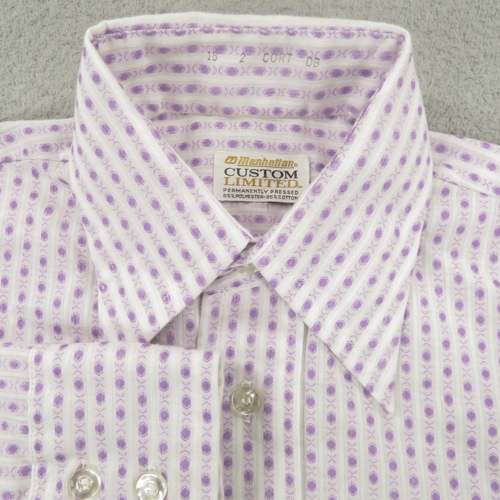 Vintage 70s Manhattan Men White Purple Dagger Collar Disco Shirt 15 M 22x30